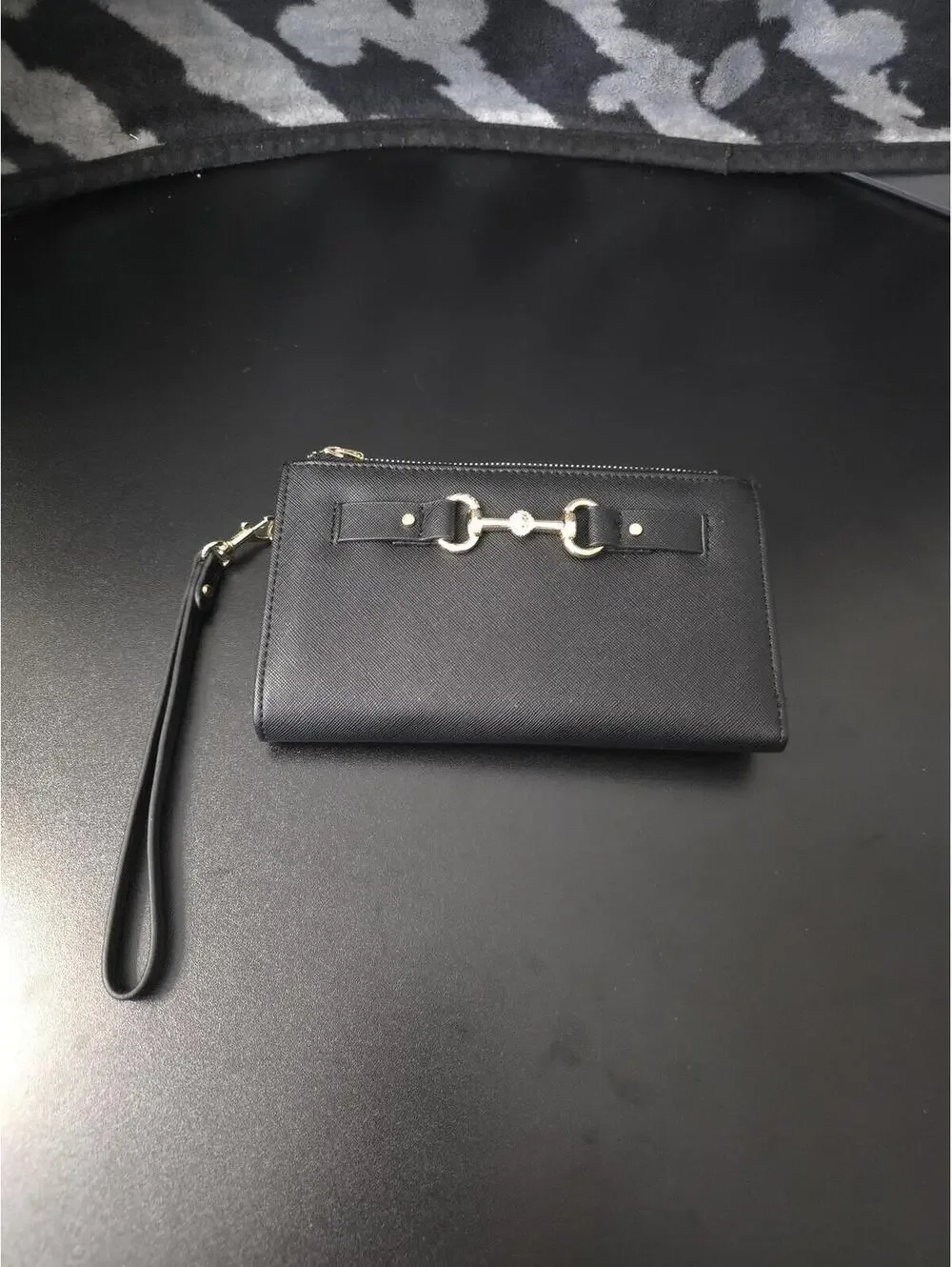 Anne Klein Black Saffiano Vegan Leather Horsebit Wristlet Wallet